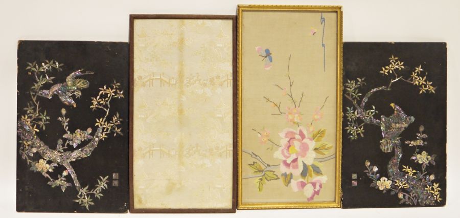 Various embroidered pictures in the Chinese style, one showing cranes with peonies on a tree, - Image 3 of 3