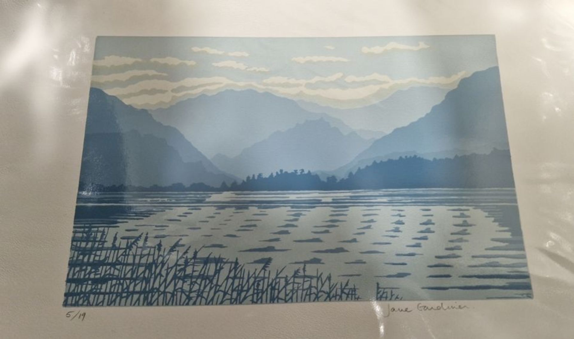 Jane Gardiner  Artists proof colour print  Snowy lake scene with clump of trees on an island, signed - Image 6 of 14