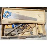 Vintage wooden tool box and assorted vintage tools including files, hammers, chisels, rasps, hand-