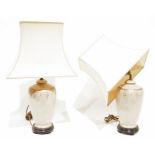 Pair of ceramic table lamps, ovoid shape, scrambled paint with Empire style gilt decorations and two