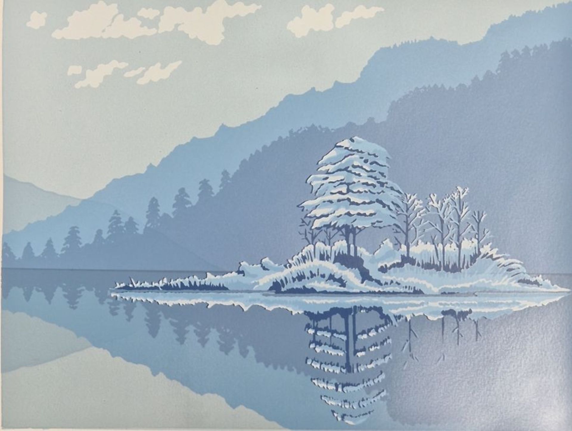 Jane Gardiner  Artists proof colour print  Snowy lake scene with clump of trees on an island, signed - Image 3 of 14