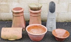 Two squat chimney pots, two earthenware chimney cowls, two bowls and a galvanised coal/coke scuttle