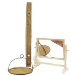 Cream painted dressing table swing mirror, a vintage spirit level and a cast iron vintage hanging