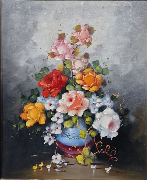 H L Kent Oil on canvas Woodland lane, signed 'Ferrer' Oil on canvas Still life roses in a bowl - Image 2 of 10