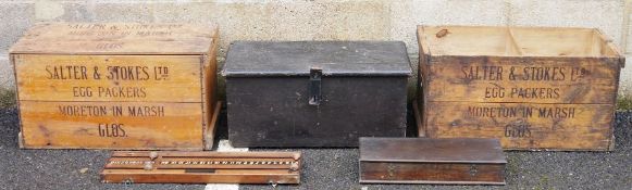 Two wooden lidded crates marked 'Salter & Stokes Ltd, Moreton in Marsh Egg Packers, Glos' and '
