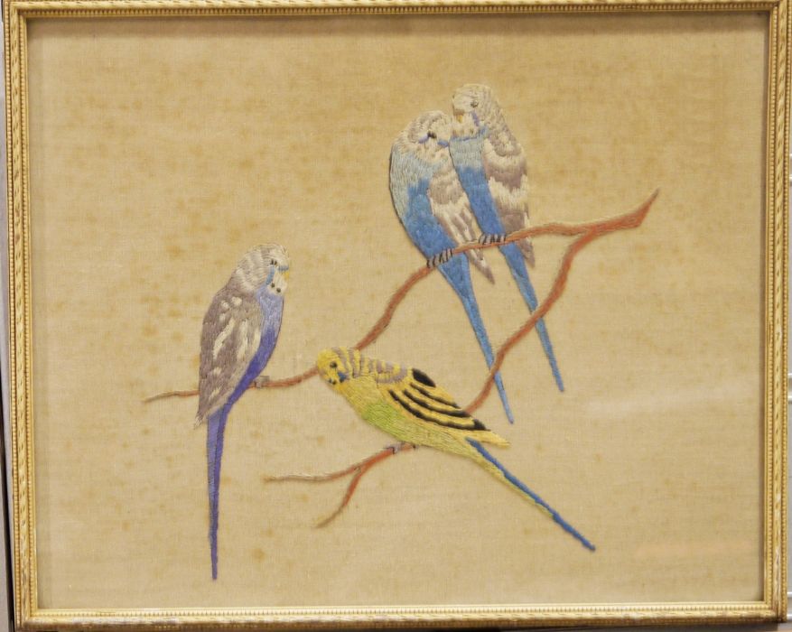 Various embroidered pictures in the Chinese style, one showing cranes with peonies on a tree, - Image 2 of 3