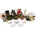 Assorted continental vases, jugs, etc, a guggle fish vase, a railway regulator lever Swiss clock