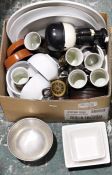 Various ceramics and metalware including plates, ramekins, tankards, etc with Homepride flour sifter