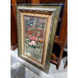 Painted and engraved wall mirror, rectangular with vase of flowers decoration, 93cm x 63cm