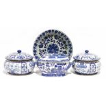 Pair blue and white covered bowls and a blue and white Willow pattern covered sauce tureen (damaged)