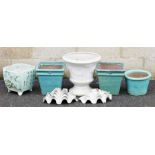 Selection of terracotta garden pots , various shapes and sizes, a white ceramic urn shaped