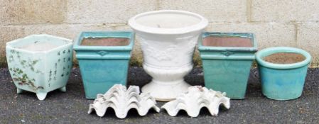Selection of terracotta garden pots , various shapes and sizes, a white ceramic urn shaped