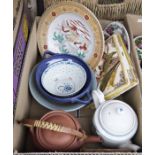 Three boxes of ceramics, glass and other items including converted oil lamp, vintage cash box,