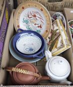 Three boxes of ceramics, glass and other items including converted oil lamp, vintage cash box,