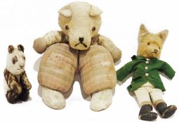 Edith Moody fox teddy bear with green jacket, trousers and boots, labelled to under tail, 36cm long,