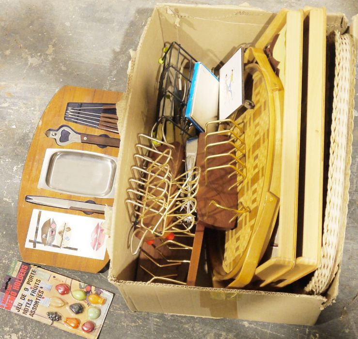 Assorted mid 20th century letter racks, toast racks, wicker trays and mid 20th century Wade vases to