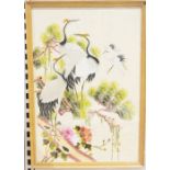 Various embroidered pictures in the Chinese style, one showing cranes with peonies on a tree,