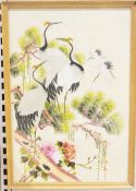 Various embroidered pictures in the Chinese style, one showing cranes with peonies on a tree,