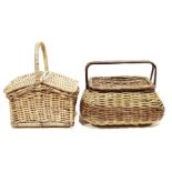 Vintage double-lidded picnic basket and another wicker and rope lidded two-handled picnic basket (2)