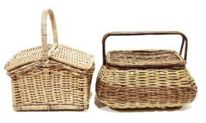 Vintage double-lidded picnic basket and another wicker and rope lidded two-handled picnic basket (2)
