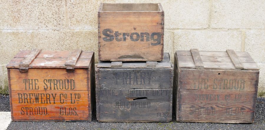 Two Stroud Brewery vintage lidded beer crates and two other similar (4)