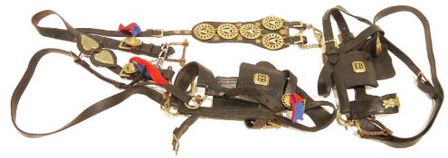 Possibly Georgian heavy horse harness to include leather hanger with five brasses and five