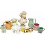 Assorted clocks, a resin bust of a gypsy girl, various Dulac-style jugs, Carltonware-style vases,