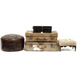 Vintage canvas and leather bound suitcase, another vintage case, a small  black-painted tin trunk, a