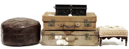 Vintage canvas and leather bound suitcase, another vintage case, a small  black-painted tin trunk, a