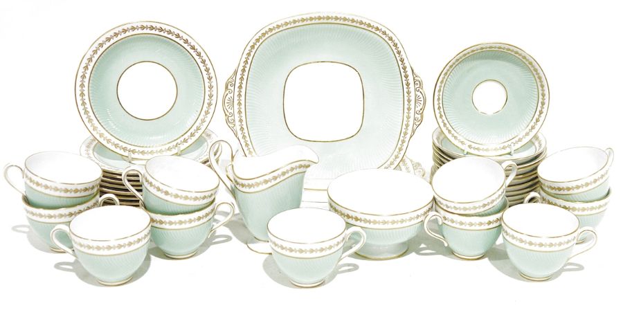Copeland Spode part tea service, turquoise on a white ground with gilt rims and decorations, to