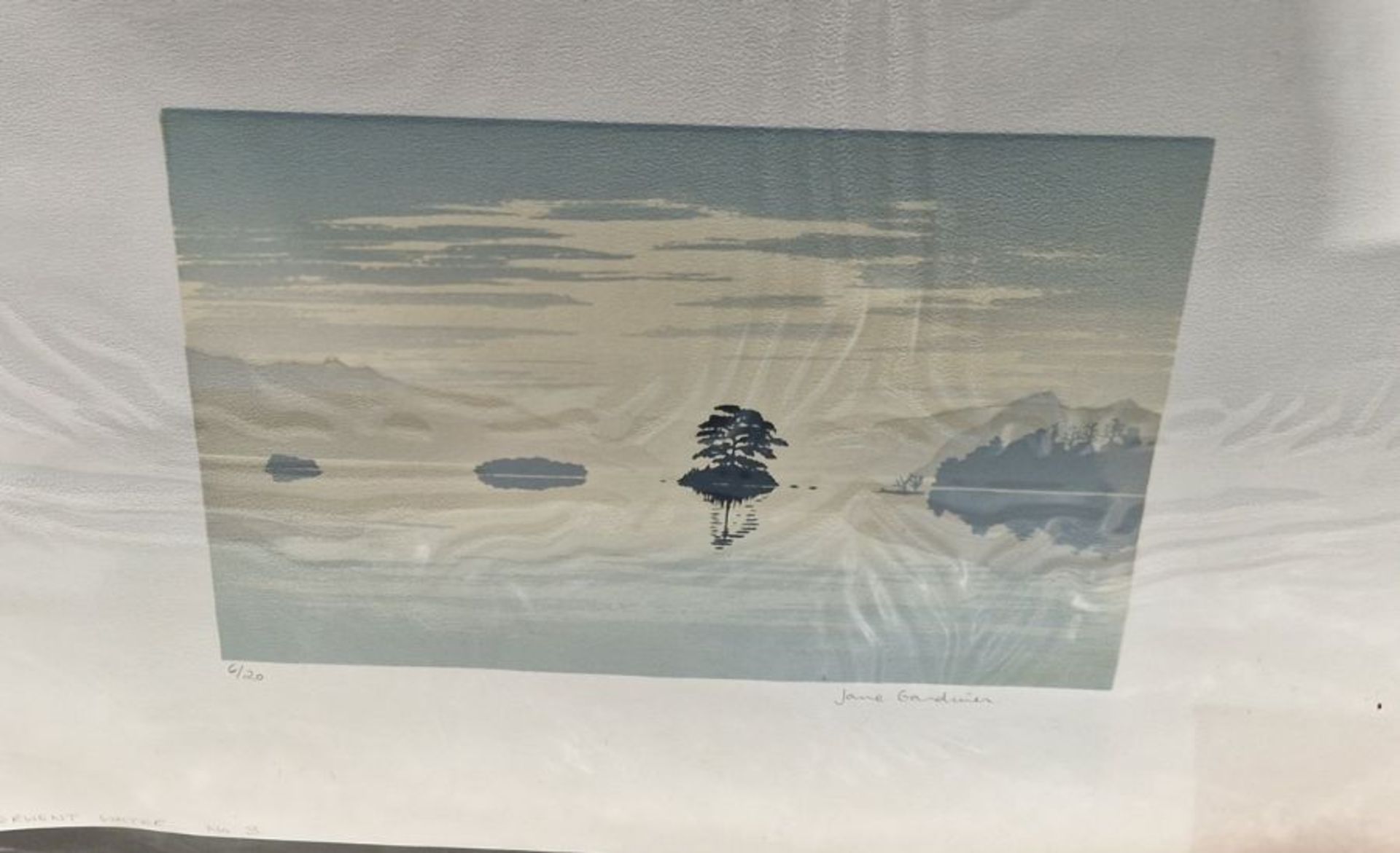 Jane Gardiner  Artists proof colour print  Snowy lake scene with clump of trees on an island, signed - Image 5 of 14