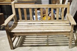 Two teak garden benches (not quite a pair), 120cm wide and 128cm wide (2) Condition Report120cm wide