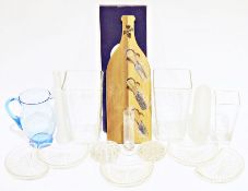 Various modern glass vases, a pressed glass comport, drinking glasses, a wooden cheese board,