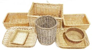 Large quantity of wicker and cane baskets, various shapes and sizes, basket weave mats, two