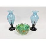 Pair of 20th century tapering baluster blue and marbled glass vases, 22.5cm high and a lobed green