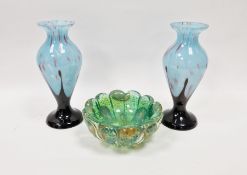 Pair of 20th century tapering baluster blue and marbled glass vases, 22.5cm high and a lobed green