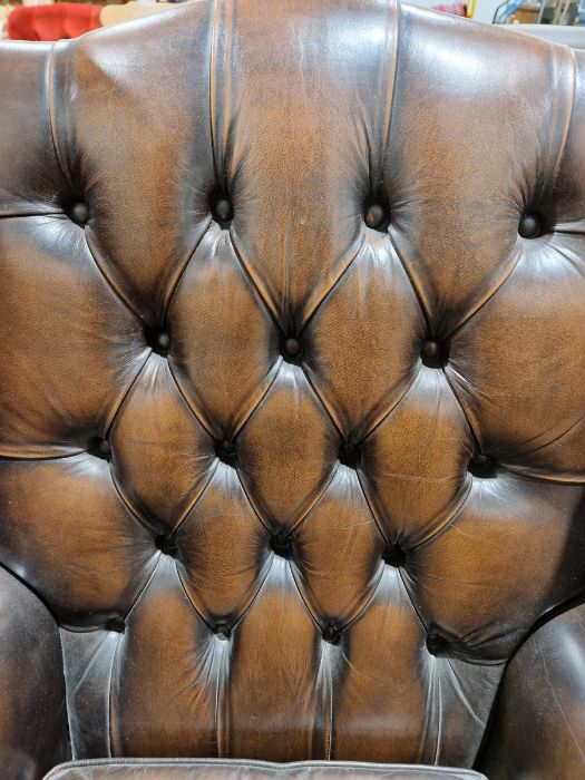 Pair of brown leatherette button upholstered Georgian-style armchairs with outscroll arms, - Image 21 of 37