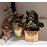 Assorted metalware to include a brass vase, fireside related items, pair of three-branch