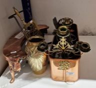 Assorted metalware to include a brass vase, fireside related items, pair of three-branch