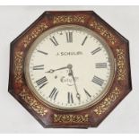 Victorian wall clock in octagonal rosewood case, inlaid with brass floral motifs, the 30cm