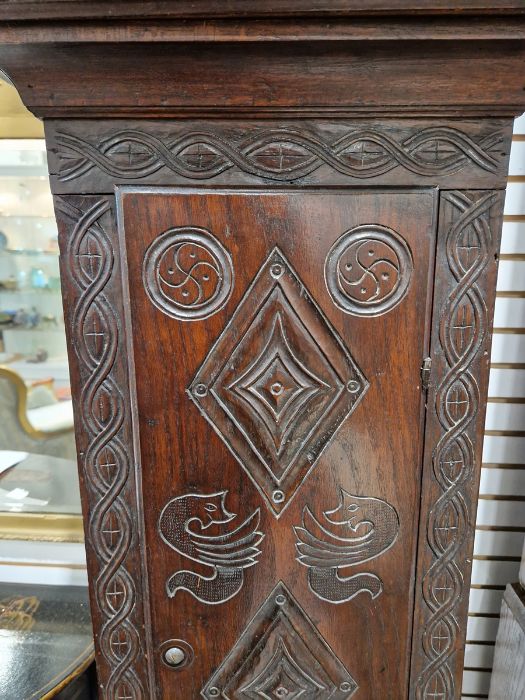 19th century heavily carved oak cased eight-day longcase clock, the 11" brass dial inscribed 'John - Image 4 of 45