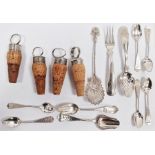 Set of six Dutch teaspoons, bird and floral engraved with twist stems and a matching caddy scoop,