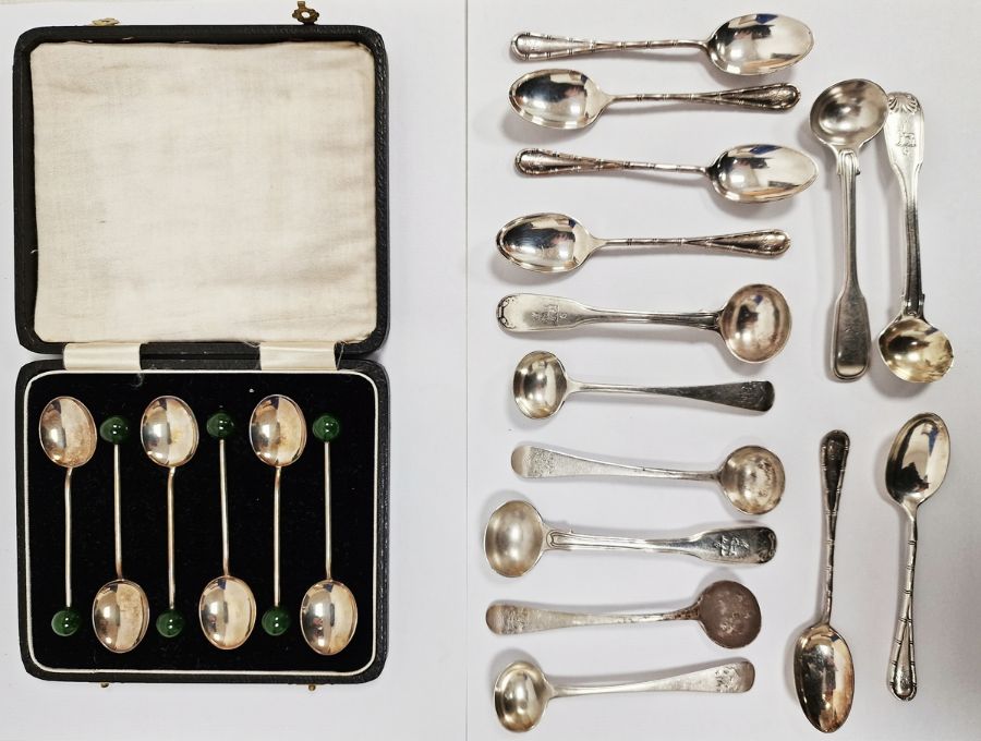 Cased set of 1930's silver coffee spoons with green circular stone finials, Birmingham 1934 with