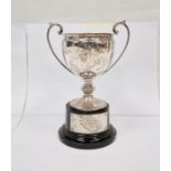 1930's silver two-handled trophy cup 'Mount Pleasant Bridge Club', on circular black plastic base