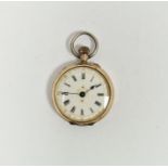 9ct gold lady's fob watch, the circular enamel dial with Roman numerals denoting hours and scrolling