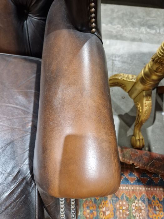Pair of brown leatherette button upholstered Georgian-style armchairs with outscroll arms, - Image 7 of 37