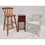 White painted wicker chair, a pine bar stool and a mahogany bedside chest of three drawers (3)