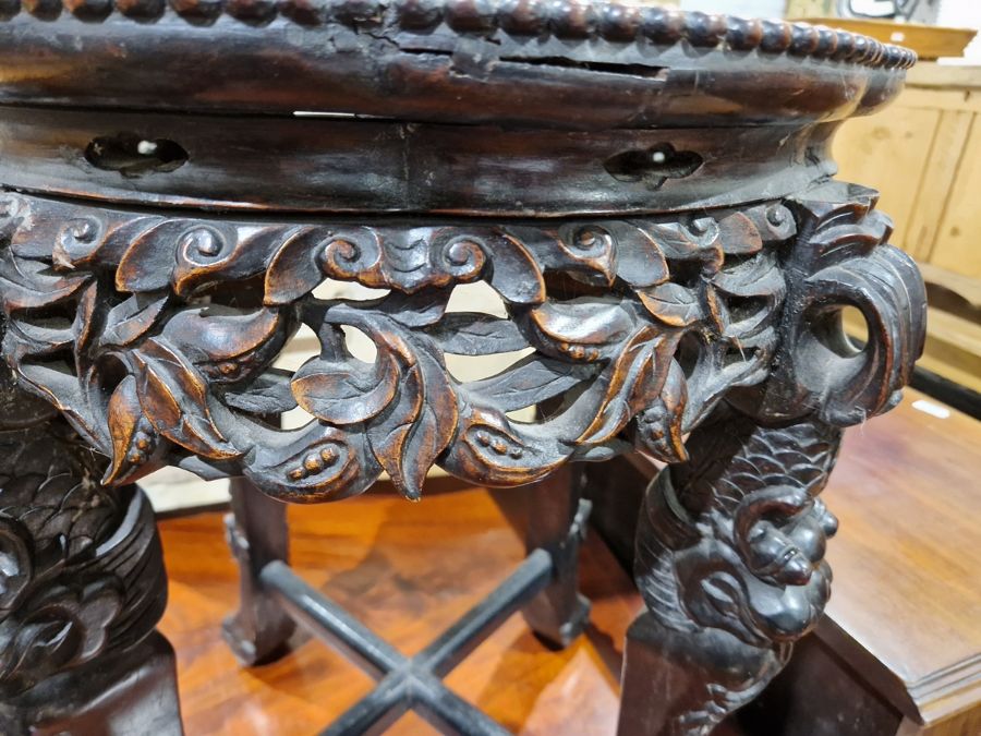 Chinese carved circular occasional table with marble inset top, united by cross stretchers, 56.5cm - Image 10 of 25