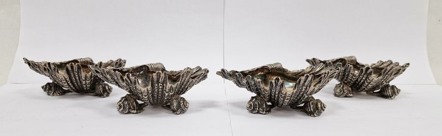 Set of four 19th century Elkington & Co silver plate open shell salt cellars, in the form of clam