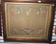 Victorian sampler, poem, amongst foliate motifs and two butterflies, named and dated Sarah Brooks,